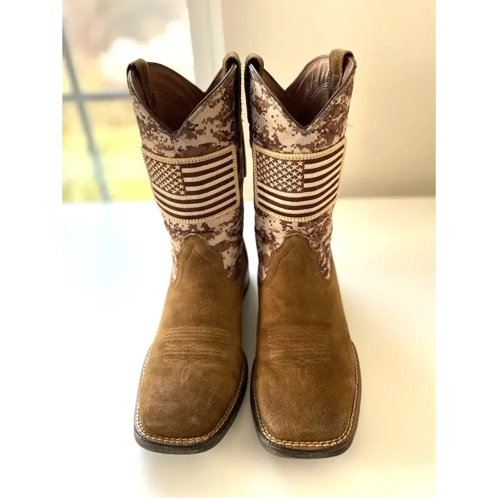 Ariat Men's Sport Patriot Mocha Suede & Sand Camo American Flag Western Boots 8D